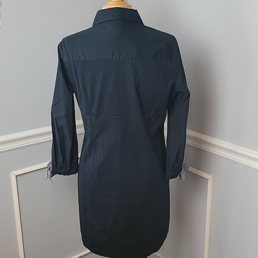 HEYTON Black Half Button Down Gingham Bow Long Sleeve Preppy Boho Shirt Dress S‎ - Picture 3 of 9